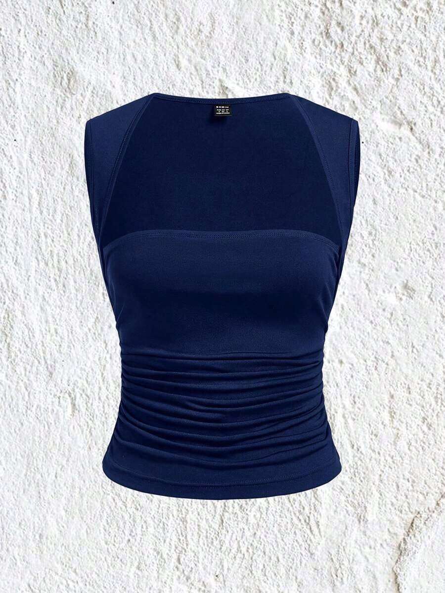 Top de tirantes azul casual con fruncido lateral para el verano - Azul marino - Ver 1
