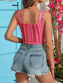 Top corto de punto con estampado de vacaciones para mujer - Rosa - Ver 2