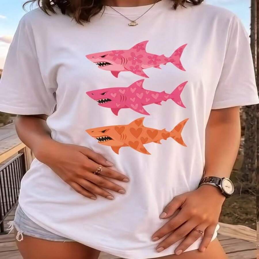 Camiseta informal de algodón para mujer, manga corta, cuello redondo, corte regular con detalle de estampado de tiburón. - Blanco - Ver 1