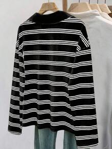 Camiseta holgada de murciélago a rayas de estilo casual para mujer, otoño - Negro - Ver 2