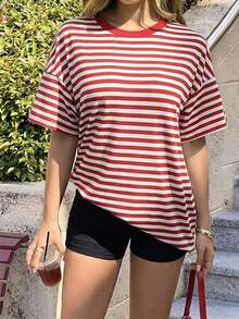 Camiseta casual de mujer  de cuello redondo holgado, camiseta de manga corta de ajuste ceñido con parches a rayas minimalista, adecuada para primavera/verano, ideal para el Día de San Valentín - Rojo - Ver 8
