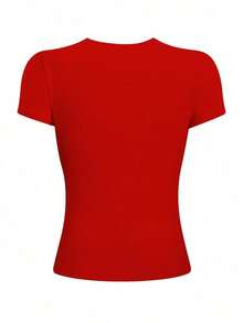 Camiseta casual de manga corta y cuello redondo ajustada para mujer, color café - Multicolor 2 - Ver 2