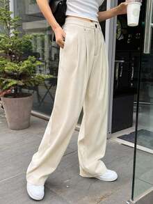 Pantalones de pierna ancha con detalle de plisado de cintura alta, pantalones de vestir para mujer, ropa de vuelta al colegio para otoño - Albaricoque - Ver 4