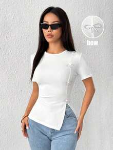 Camiseta de cuello redondo con abertura lateral y decoración de lazo con cristales para mujer - Blanco - Ver 9
