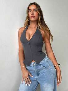 Top halter con cuello en U sexy y diseño abierto en la espalda para mujeres - Gris - Ver 7