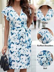 Vestido midi con estampado floral y cuello en V con mangas cortas, elegante para vacaciones - Azul y blanco - Ver 1