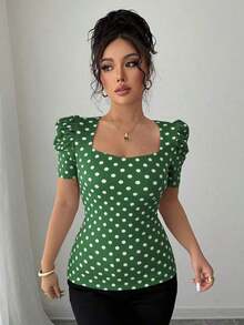 Camiseta casual elegante y sexy para mujer, con manga corta, cuello con diamante en el hombro delantero, manga abullonada, manga arrugada, estampado de lunar blanco y negro, ajuste entallado, apropiado para vacaciones - Multicolor 6 - Ver 6