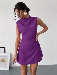 Vestido mini plisado de línea A elegante, minimalista, delicado, romántico y dulce para uso diario, boda, fiesta, festival de música y vacaciones, con camisola roja - Morado - Ver 2