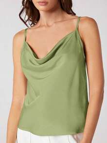 Blusa de satén sin mangas para mujer, romántica y elegante, de color liso con cuello drapeado, adecuada para la oficina y el uso diario - Verde - Ver 6