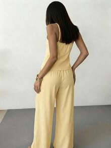 Nueva llegada Primavera/Verano Elegante Top casual de lino color albaricoque con dobladillo asimétrico, espalda descubierta y cintura fruncida - Amarillo claro - Ver 2