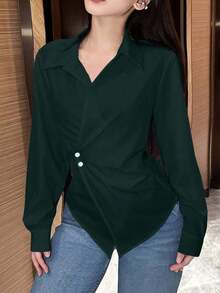 Blusa larga de manga larga con nudo de mujer, color liso, camisa de mujer para primavera y otoño, blusas de manga larga - Verde Oscuro - Ver 6