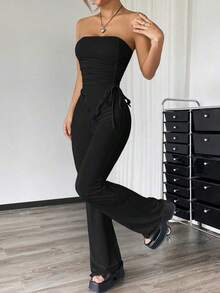 Conjunto de dos piezas con top asimétrico bandeau fruncido de unicolor y pantalones acampanados para mujer - Negro - Ver 1