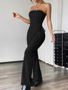 Conjunto de dos piezas con top asimétrico bandeau fruncido de unicolor y pantalones acampanados para mujer - Negro - Ver 4