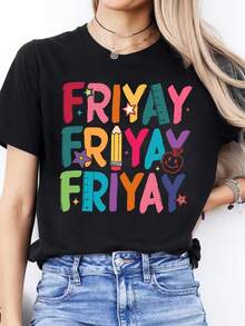 Camiseta casual de primavera y verano con estampado del alfabeto español, cuello redondo, manga corta, camiseta deportiva para mujer - Negro - Ver 6