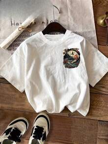 Women's Vintage T-Shirt With Japanese Cherry Blossom And Sunset Print - Casual Short Sleeve Round Neck Top, Loose Fit Artistic Spring Summer Clothing, Durable And Comfortable Casual Wear - 白色 - 查看 2