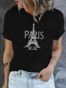 Round Neck T-Shirt With Eiffel Tower Print, Casual Short Sleeve T-Shirt For Spring/Summer, Women's Clothing - 黑色 - 查看 1
