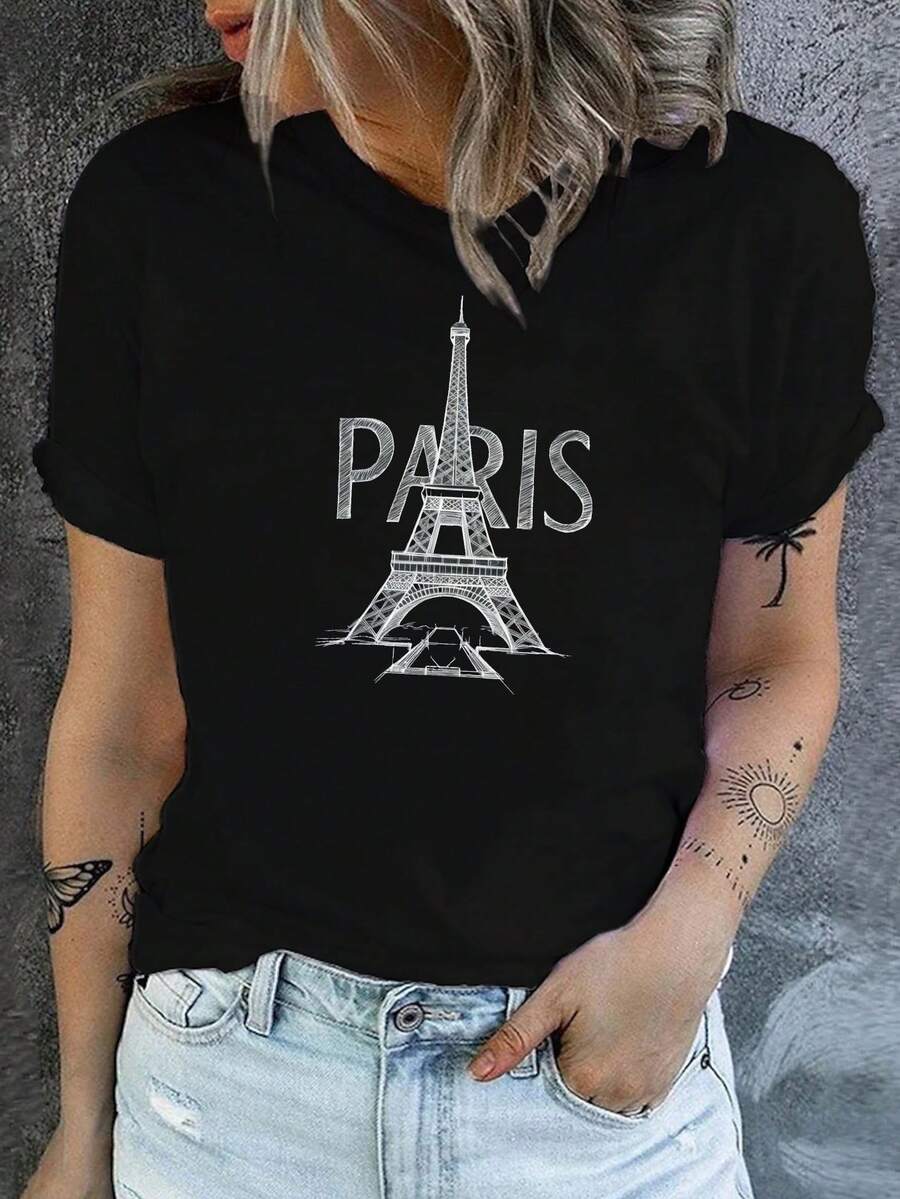 Round Neck T-Shirt With Eiffel Tower Print, Casual Short Sleeve T-Shirt For Spring/Summer, Women's Clothing - 黑色 - 查看 1