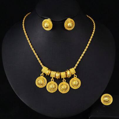 Conjunto de joyería africana de Dubai de 3/4 piezas en color dorado con cuentas, pendientes clásicos de múltiples colgantes, anillo y diadema, regalo de boda y fiesta para la novia de Oriente Medio