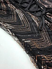UNITHORSE [Random Cut] Round Neck Long Sleeve Cinched Waist Sequin Evening Dress - Black - View 7
