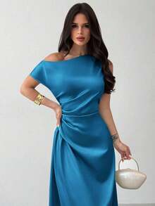 Vestido elegante asimétrico de hombro con pliegues y bajo de cola de sirena en color verde, adecuado para citas, vacaciones, bodas, eventos, regreso a la escuela, graduación, vestido de dama de honor formal, vestidos elegantes para mujer - Agua verde azul - Ver 5