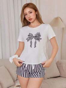 Women's Short-Sleeved Pajama Set With Striped Print And Ties - 白色的 - 查看 6