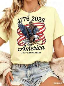 Women's Casual T-Shirt | United States Of America, 250th Anniversary Eagle And Flag Print, 1776-2026, Independence Day Celebration Clothing, Crew Neck, Regular Sleeves, Slightly Stretchy Fabric, Breathable For Summer - 黃色 - 查看 1
