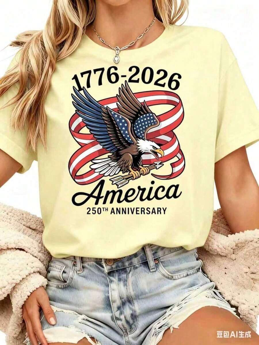 Women's Casual T-Shirt | United States Of America, 250th Anniversary Eagle And Flag Print, 1776-2026, Independence Day Celebration Clothing, Crew Neck, Regular Sleeves, Slightly Stretchy Fabric, Breathable For Summer - 黃色 - 查看 1