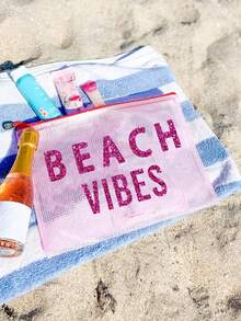 Multi Colored Waterproof Fashionable Mesh Beach Bag, Makeup Bag With Colorful "Beach Atmosphere" Print, Beach Theme With Letters And Sequin Design. Large Capacity Transparent Makeup Bag, Nylon Zipper Wash Bag - Lightweight, Can Store Sunscreen, Snacks, Bikinis, And Beach Essentials. Spring And Summer Storage - Multicolor - View 5