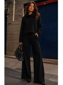 Women's Set In Elegant And Comfortable Ribbed Knit Fabric, Winter Fashion, Chic Blogger Style - 黑色 - 查看 1