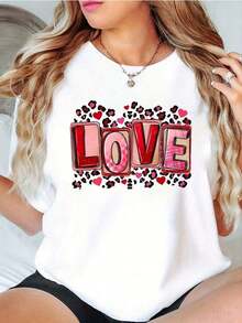 1 Piece Of Women's Casual Round Neck T-Shirt With The Inscription "LOVE" In Pink For Valentine's Day And Leopard Print Heart Design, Polyester Knit Fabric, Short Sleeve, Regular Length, Medium Elasticity - T-Shirt For All Seasons. - 白色 - 查看 7