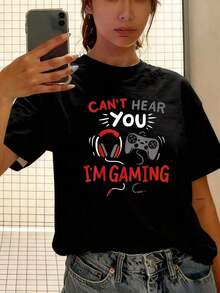 Loose Black T-Shirt With "I Can't Hear You I'm Playing" Game Print For Men And Women, Funny T-Shirt With Headphones And Video Game Controller, Basic Crew Neck Cotton T-Shirt For Women - 黑色 - 查看 6