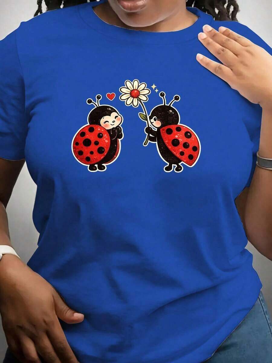 Loose Ladybug Floral Print T-Shirt, Women's Crew Neck Top, Casual Everyday Shirt, Cute Insect Design, Suitable For Spring And Summer, For All Seasons. DDQDBasic Women's Cotton Crew Neck T-Shirt - 藍色的 - 查看 1