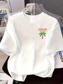 Women's Miami Florida Tropical Print T-Shirt | Vibrant Palm Tree And Miami Lettering Graphic, Breathable Short Sleeve Crew Neck Relaxed Fit Top, White With Pink And Orange Design For Beach Vacations And Casual Summer Outfits, Machine Washable Florida Souvenir - 白色的 - 查看 6