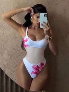 New One-Piece Swimsuit, Sexy, Backless, Multicolored Mesh. - White Print - View 9