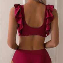 Nuevo bikini de cintura alta con volantes, estilo vintage, adelgazante y que disimula el abdomen, traje de baño push-up con escote en V profundo para mujeres en vacaciones. - Amarillo - Ver 5