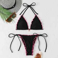 Nuevo estilo de bikini de dos piezas con cuello halter y cordones, con efecto push-up para mujer. - marrón café - Ver 10