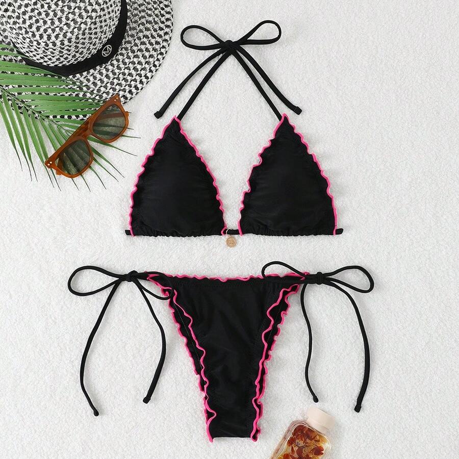 New Style Of Two-Piece Bikini With Halter Neck And Laces, With Push-Up Effect For Women. - 黑色 - 查看 1