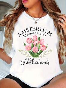 1 T-Shirt With Pink Tulip Print, Amsterdam T-Shirt, Holland Travel Souvenir, Pink Floral T-Shirt, Nature Lover T-Shirt, Gift For Tulip Lovers, 180g 100% Cotton. - 黑色 - 查看 7