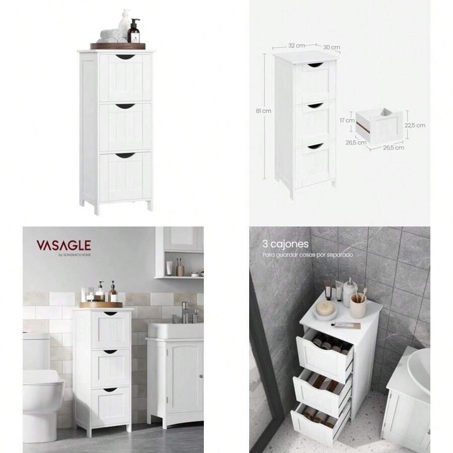 VASAGLE Armario de Baño con 3 Cajones, 30 x 30 x 81 cm, para Baño, Comedor, Sala de Estar, Cocina, Blanco Mate MBBC50WT - blanco - Ver 1