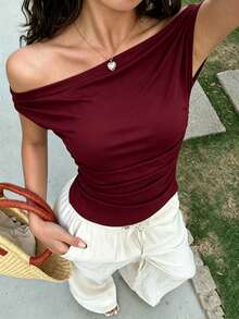 Paquete de 4 piezas ,Camiseta de mujer con diseño asimétrico de hombro, rayas texturizadas, cintura estilizadora y hombro asimétrico sexy. Estilo dulce de vacaciones. Perfecta para el verano. - Multicolor - Ver 2