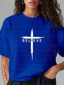 Women's & Men's Casual White T-Shirt With 'Believe' Cross Print, 100% Cotton, Short Sleeve, Crew Neck, Plus Size Regular Fit For All Seasons, 180G Fabric - Various Colors, 'Choir VBS' Christian Faith T-Shirt For Christmas, Thanksgiving, Halloween - 藍色 - 查看 1