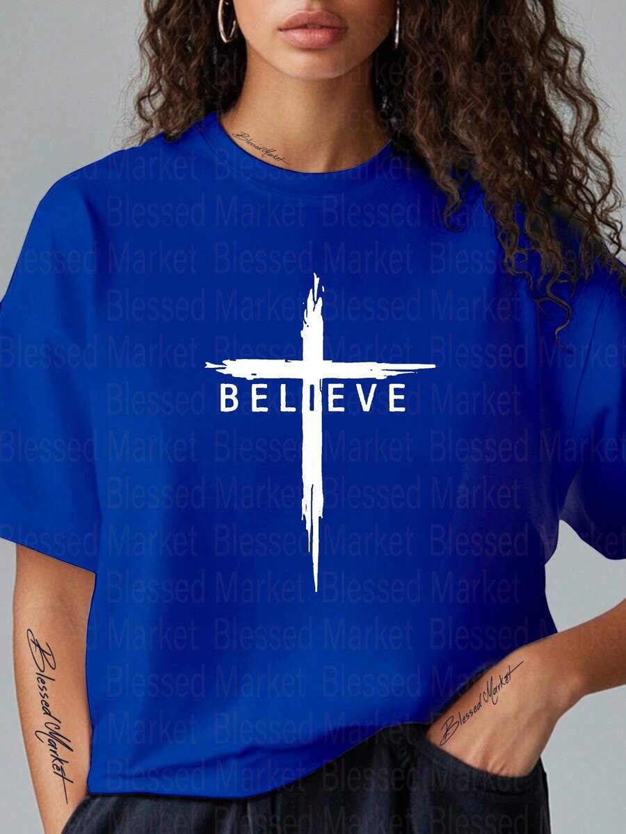 Women's & Men's Casual White T-Shirt With 'Believe' Cross Print, 100% Cotton, Short Sleeve, Crew Neck, Plus Size Regular Fit For All Seasons, 180G Fabric - Various Colors, 'Choir VBS' Christian Faith T-Shirt For Christmas, Thanksgiving, Halloween - 藍色 - 查看 1