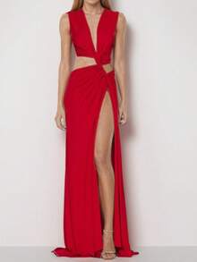 Vestido irregular calado con abertura, estilo sensual primavera 2026 - Rojo - Ver 1