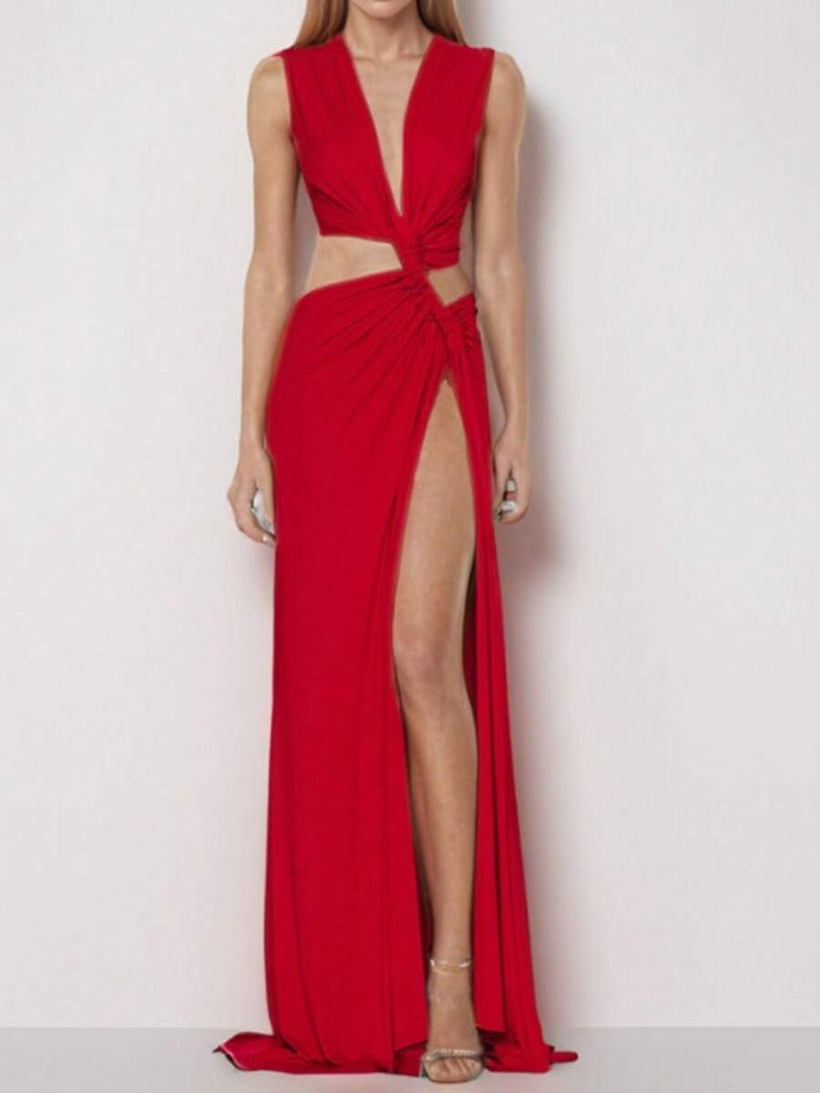 Vestido irregular calado con abertura, estilo sensual primavera 2026 - Rojo - Ver 1