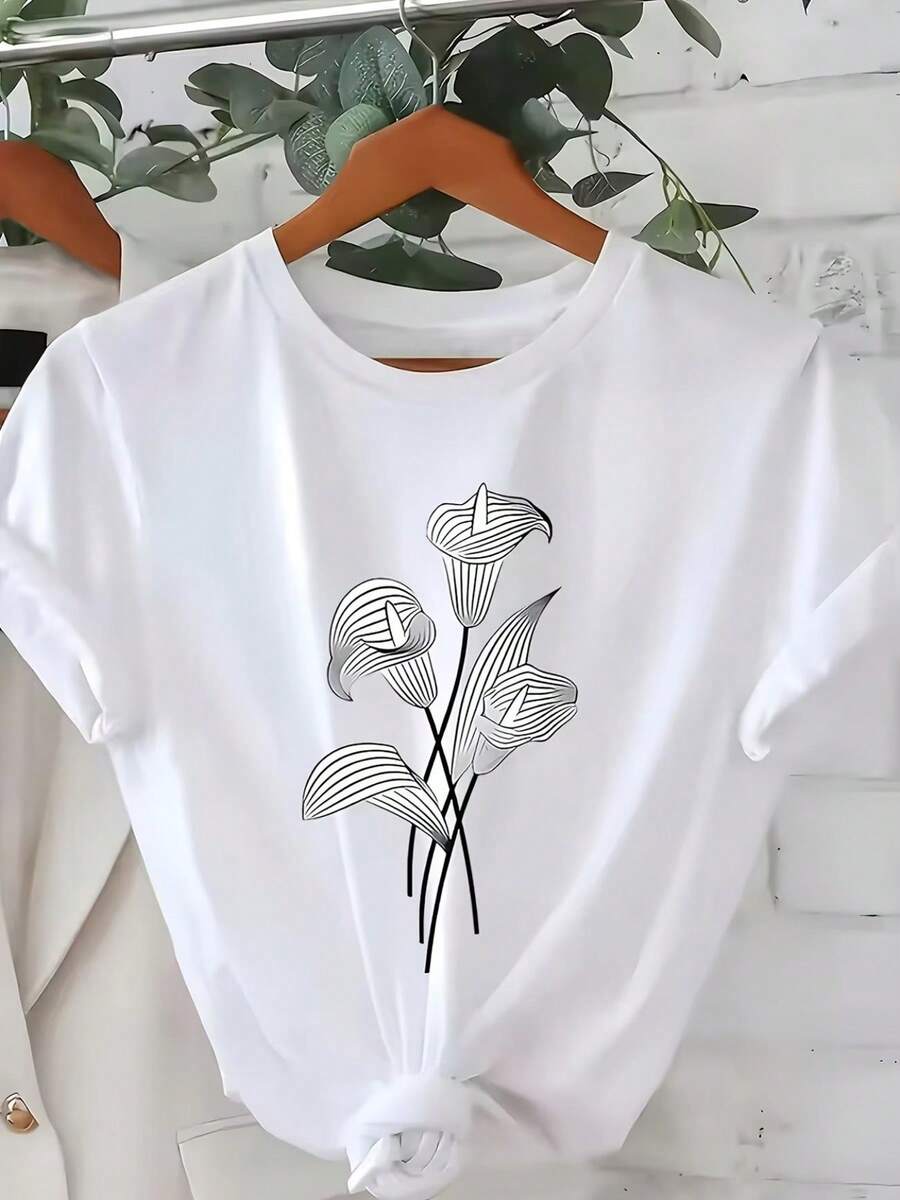 Women's Lightweight Loose-Fitting Clothing, Loose-Fitting Women's T-Shirt, Casual Short-Sleeved Top With Round Neck, Slightly Stretchy Fabric, Machine Washable, Comfortable Fit Suitable For All Seasons, Women's T-Shirt, Unique 2D Flat Print T-Shirt, Comfortable Fit For Casual Daily Wear. - 白色 - 查看 1