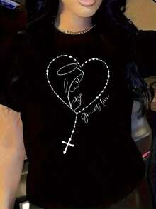 VintageCamiseta gráfica de manga corta con cuello redondo de algodón de 180 g para mujer con estampado cruzado del Rosario del corazón de Halo de la Virgen María - Camiseta informal inspirada en la fe religiosa, top cómodo y suave con estampadoTeeGraphic Tee - Negro - Ver 7