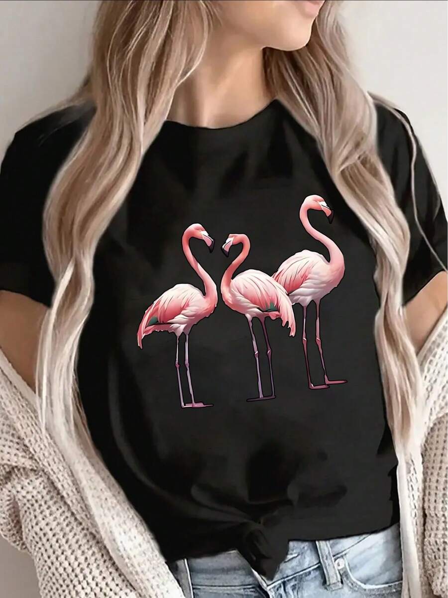 Women's Short-Sleeved T-Shirt, Lightweight And Durable, With A Pink Flamingo Design, Suitable For Casual Occasions Such As The Beach, Park Or Daily Outings, Offering A Comfortable Wearing Experience For Women. - 黑色 - 查看 1