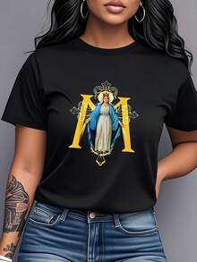 Camiseta vintage con estampado artístico de la Virgen María para mujer, estilo europeo y americano, estética religiosa, manga corta, estilo revista italiana, top de algodón puro con cuello redondo, camiseta de moda primavera/verano 2026. - Negro - Ver 1