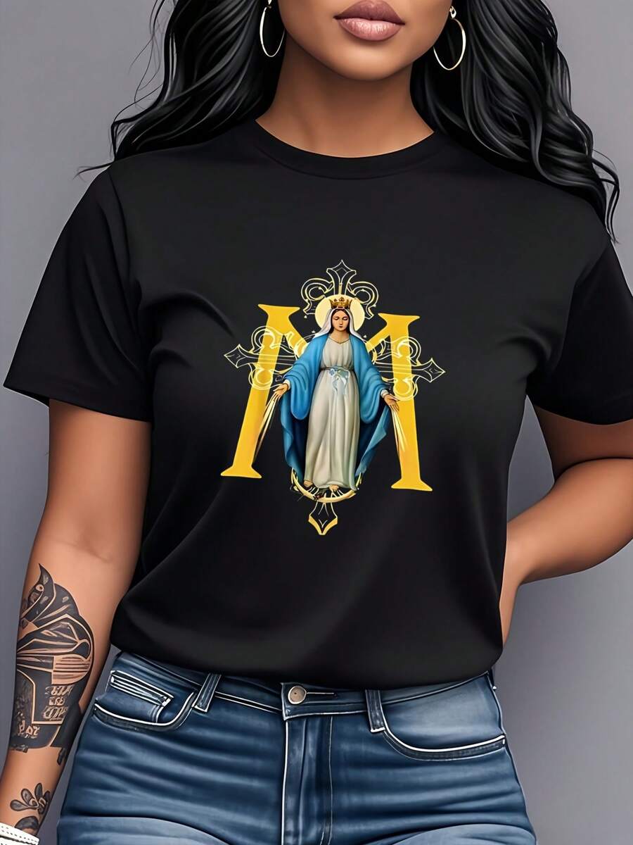 Camiseta vintage con estampado artístico de la Virgen María para mujer, estilo europeo y americano, estética religiosa, manga corta, estilo revista italiana, top de algodón puro con cuello redondo, camiseta de moda primavera/verano 2026. - Negro - Ver 1