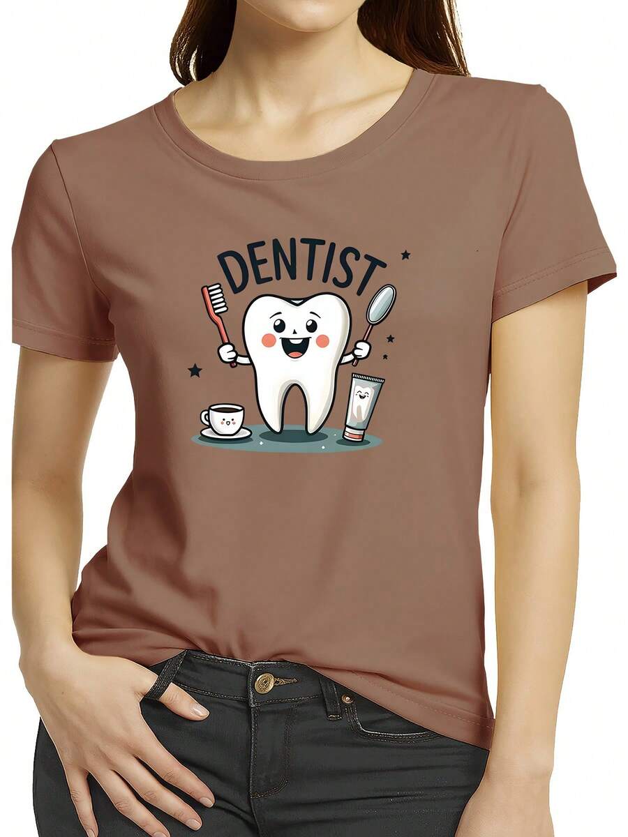 Camiseta Americana Versátil de Manga Corta, con Estampado de Dientes de Dibujos Animados y Cepillo de Dientes y Espejo, Pasta de Dientes y Taza de Café al Lado, Cuello Redondo, Estilo Nuevo de Verano 2026 para Mujer - Caqui - Ver 1